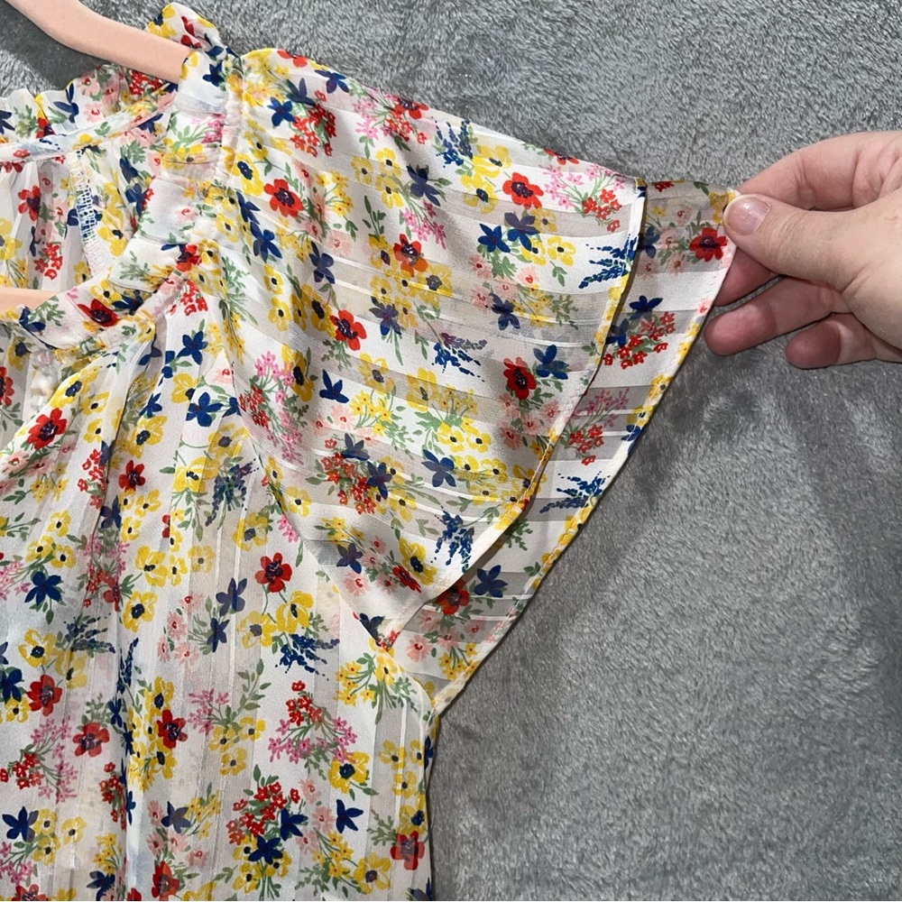 Banana Replubic Floral Printed Sheer Pleated Cap Ruffle Sleeves Blouse Size M - Picture 6 of 10